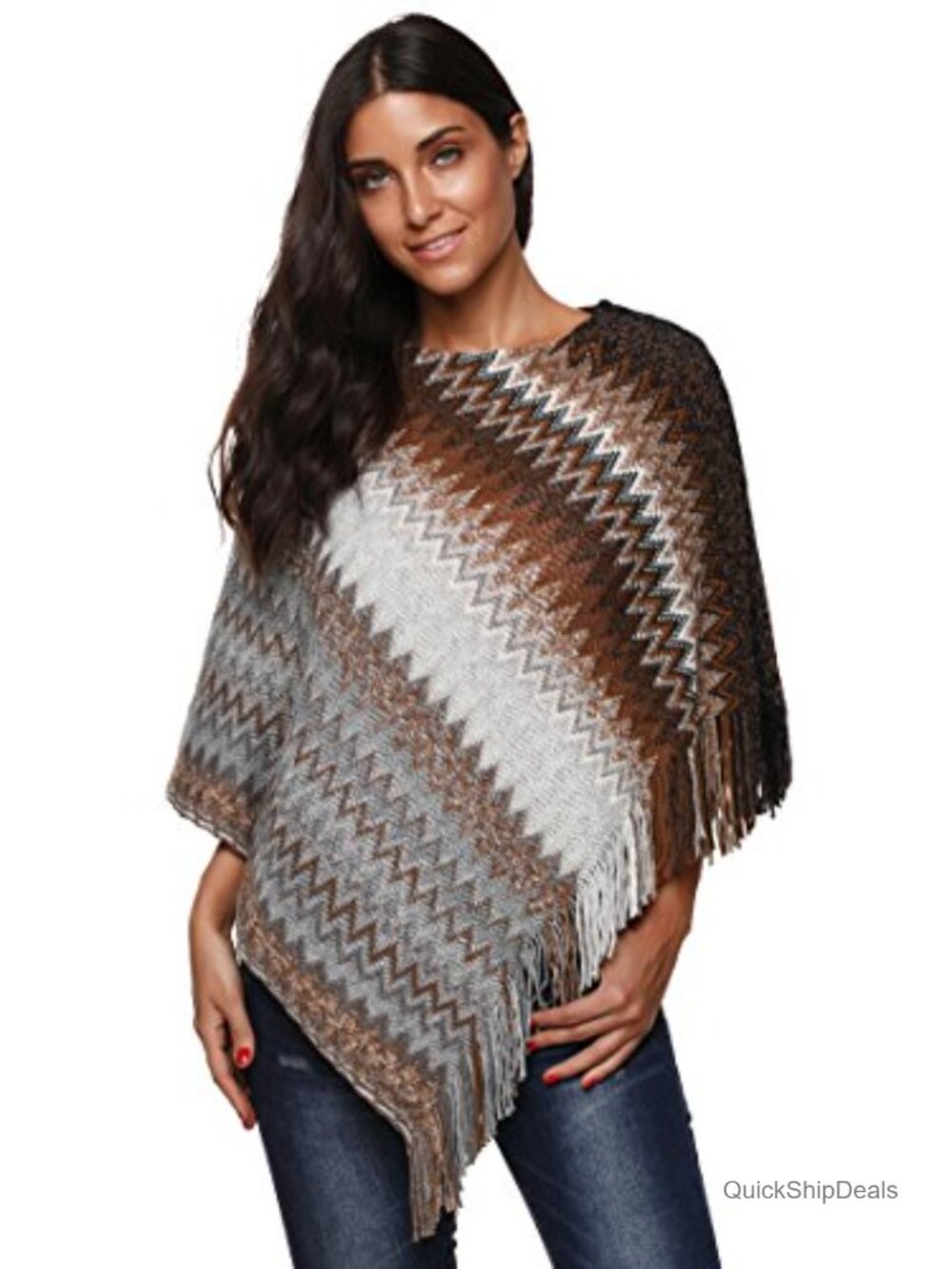 Women's Zig-Zag Knit Tassel Fringed Pullover Poncho Sweater Cape Shawl Wrap